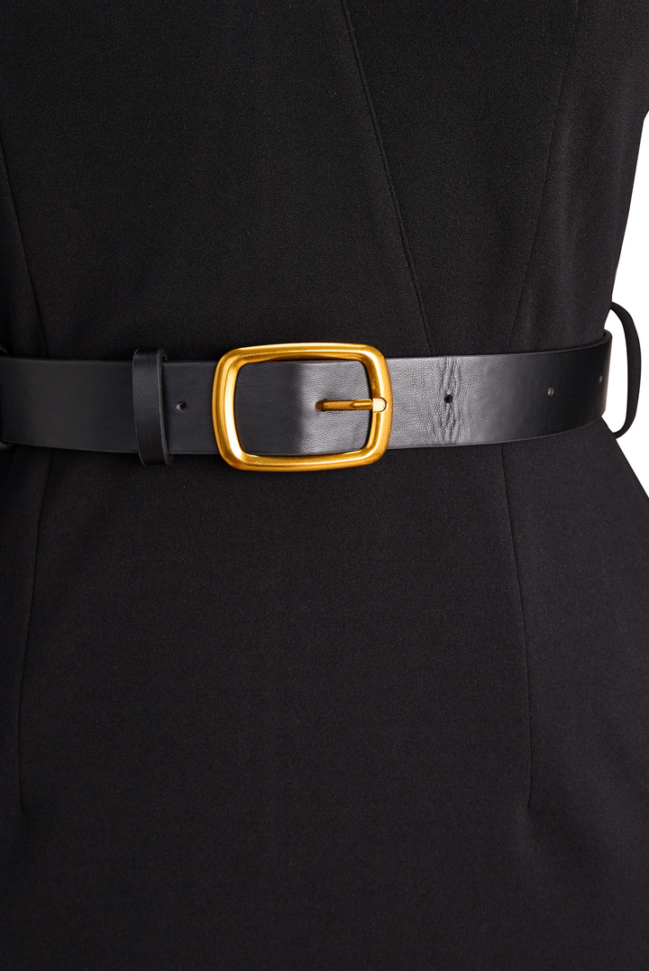 Refined Black Belted Sheath Dress with Mandarin Collar