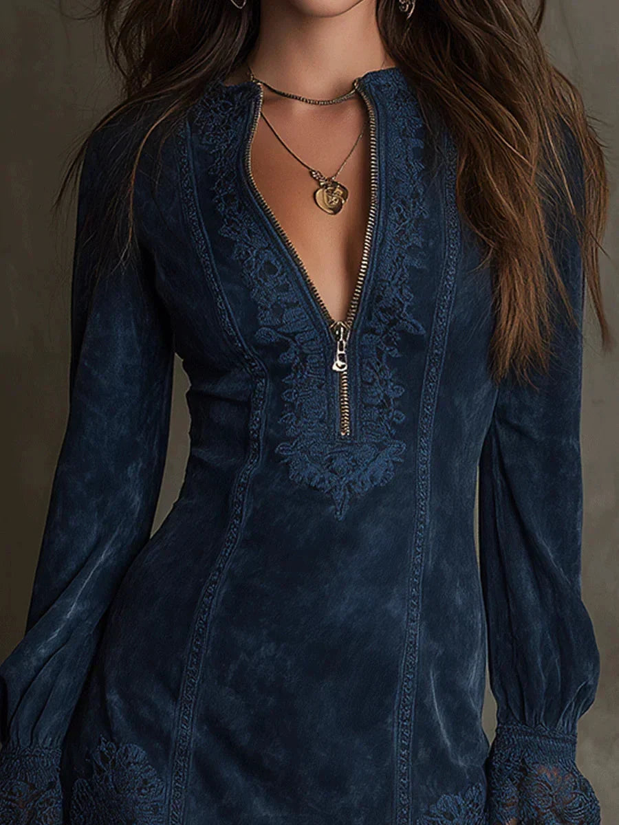 Rachel – Blue Suede Mini Dress with Lace
