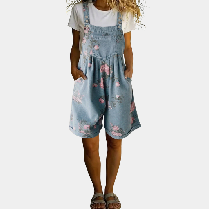 Adriana - Floral Denim Jumpsuit with Soft Cotton Feel and Vintage Wash