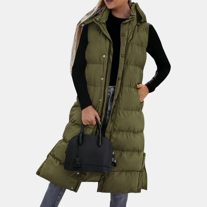 Women’s Puffer Vest Quilted Hooded Maxi Length Button Down