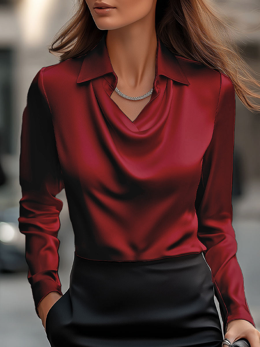 Elegant White Satin Blouse with Draped Neckline