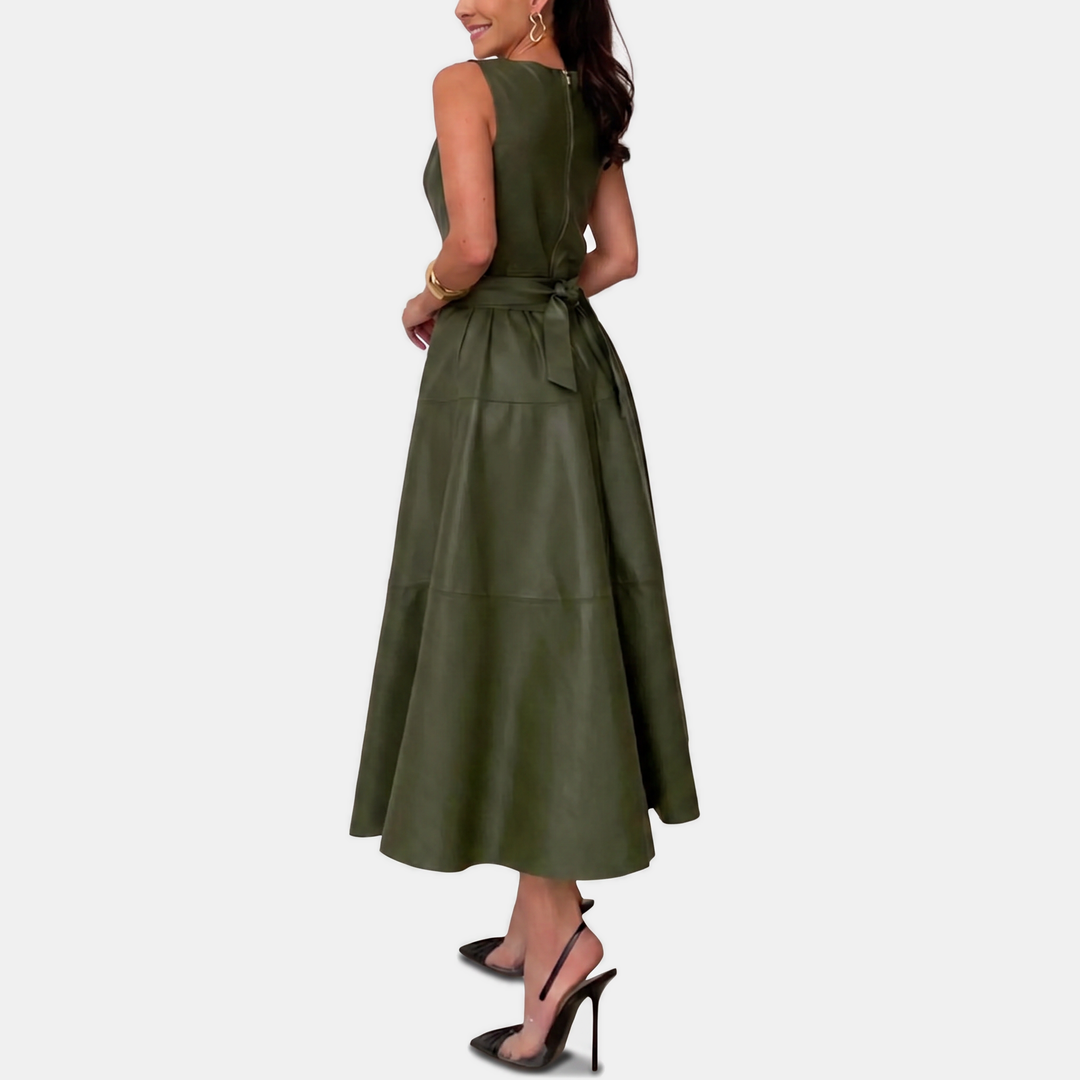 Women’s Faux Leather Belted A Line Midi Dress
