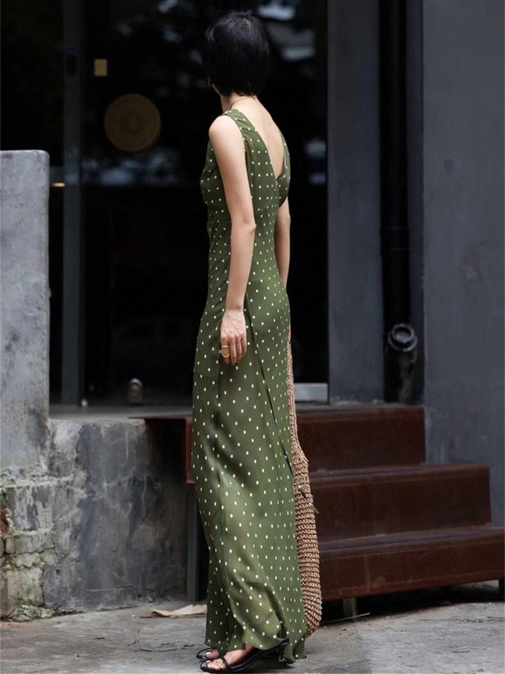Mulberry Silk V-Neck Vest-Style Polka Dot Print Dress - French Elegant Long Dress