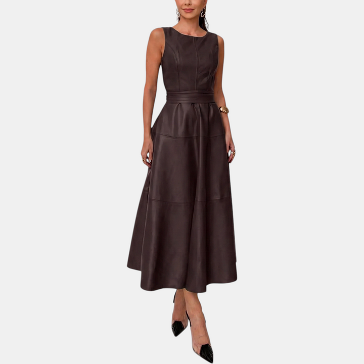 Women’s Faux Leather Belted A Line Midi Dress