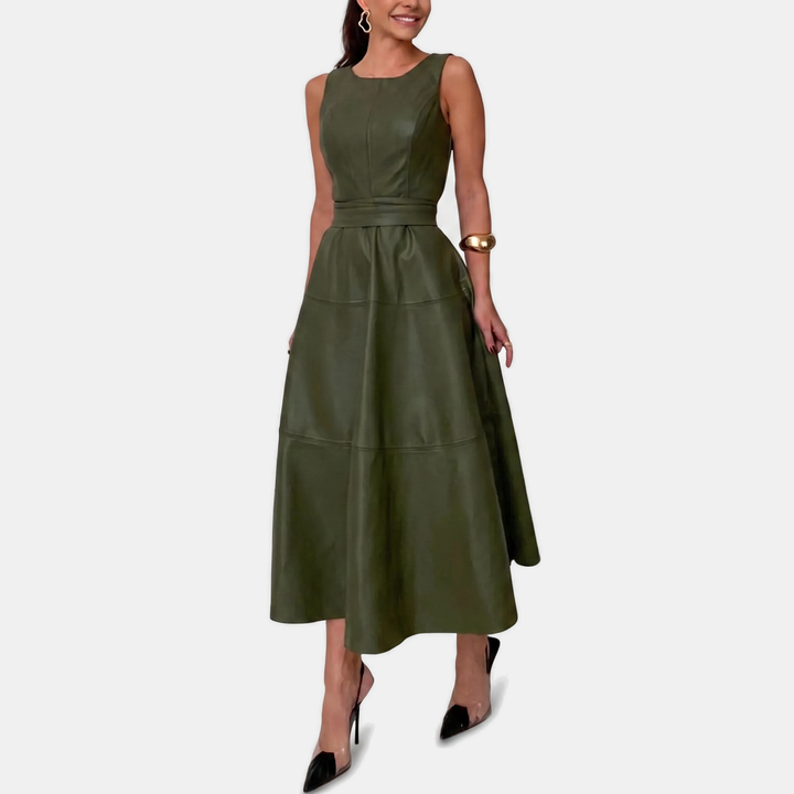 Women’s Faux Leather Belted A Line Midi Dress
