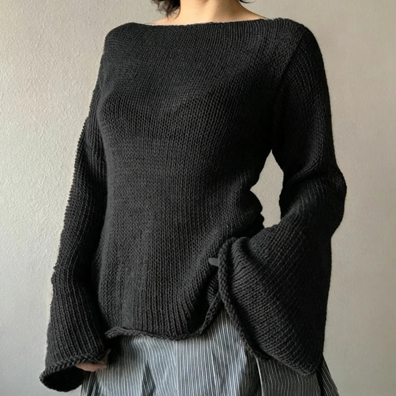 Black Off‑Shoulder Knit Sweater Long Flare