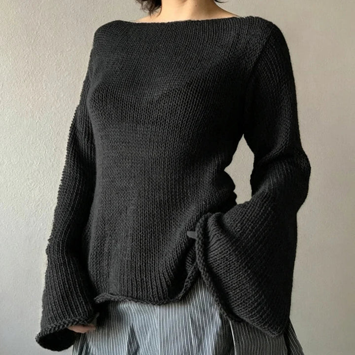 Black Off‑Shoulder Knit Sweater Long Flare
