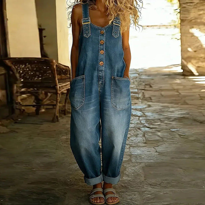 Carmen - Vintage denim jumpsuit in soft cotton with adjustable straps