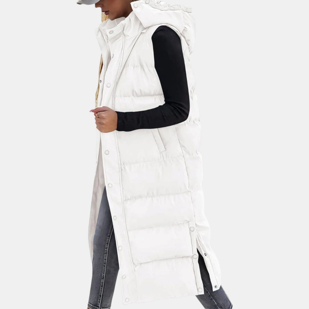Women’s Puffer Vest Quilted Hooded Maxi Length Button Down