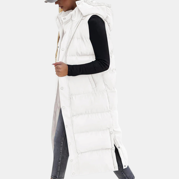 Women’s Puffer Vest Quilted Hooded Maxi Length Button Down
