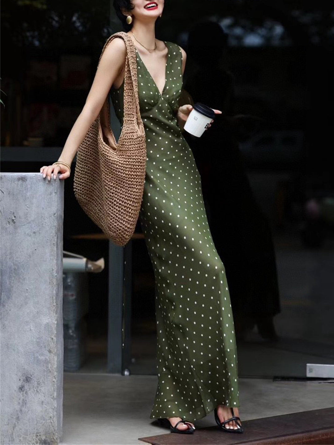 Mulberry Silk V-Neck Vest-Style Polka Dot Print Dress - French Elegant Long Dress