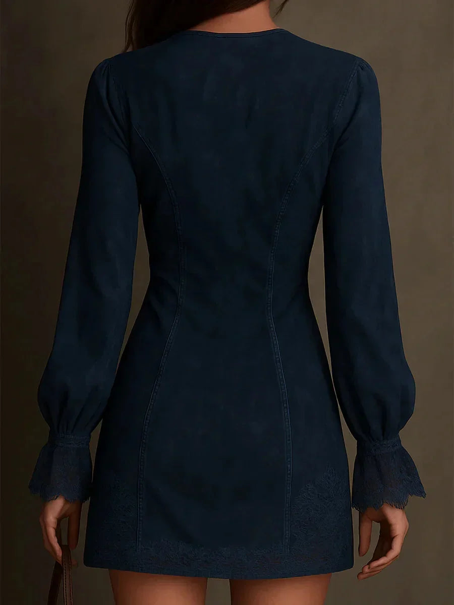 Rachel – Blue Suede Mini Dress with Lace