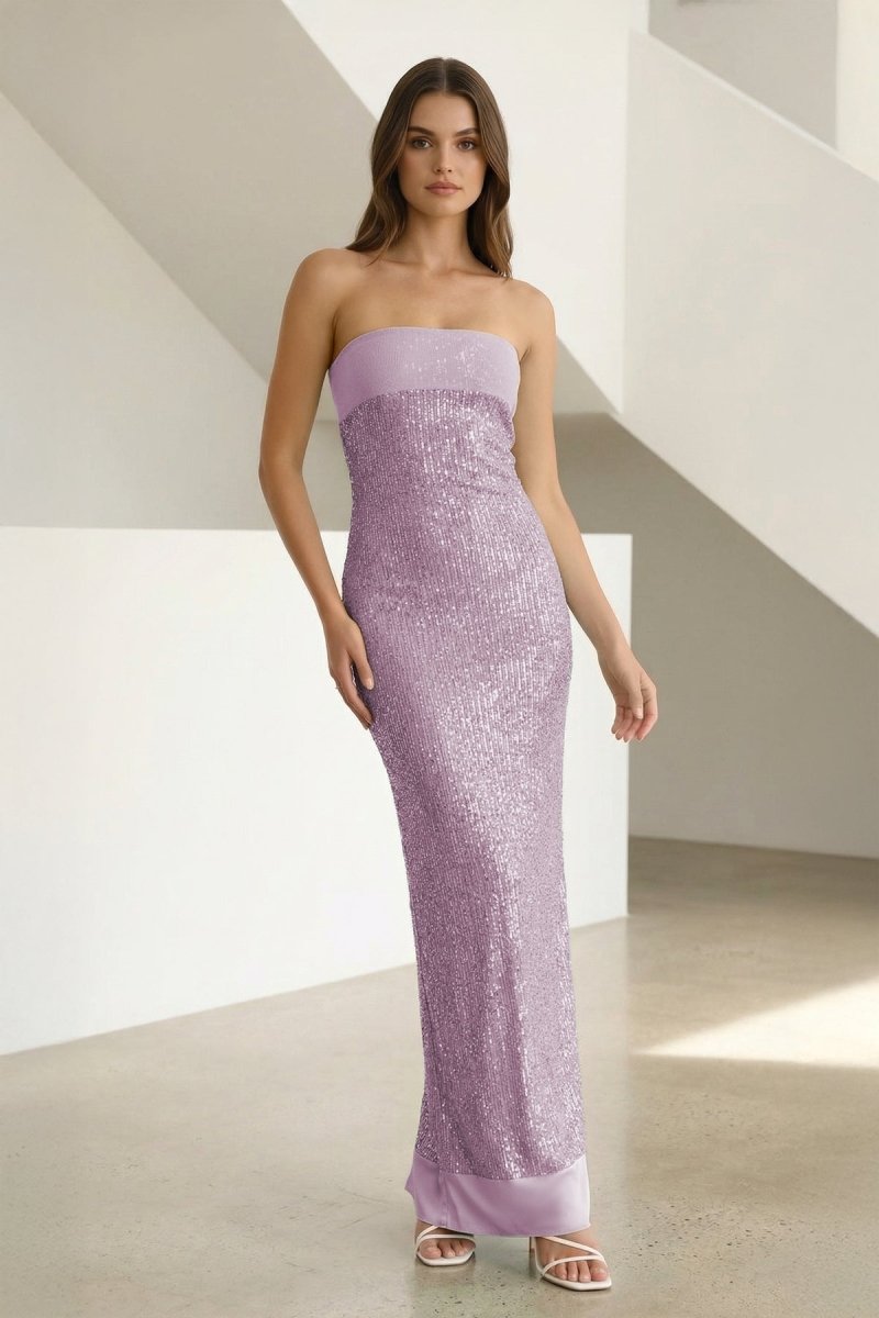 Sage Sheath Strapless Sequined Long Prom Dresses