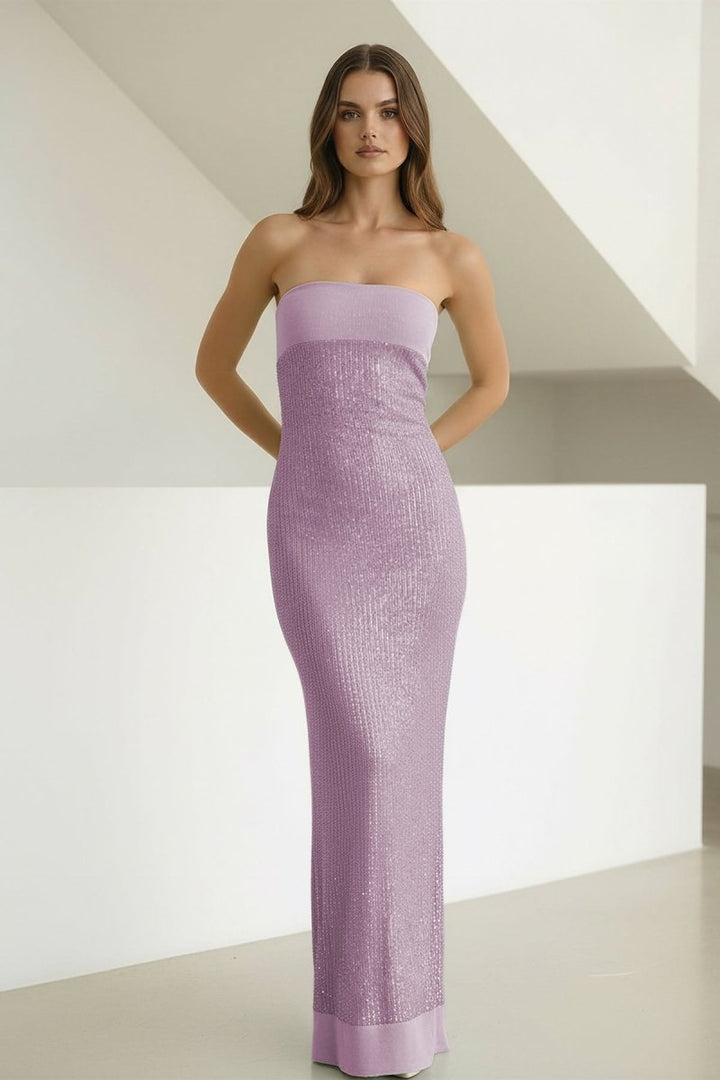 Sage Sheath Strapless Sequined Long Prom Dresses