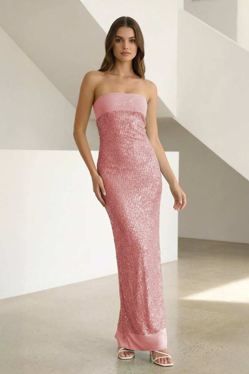 Sage Sheath Strapless Sequined Long Prom Dresses