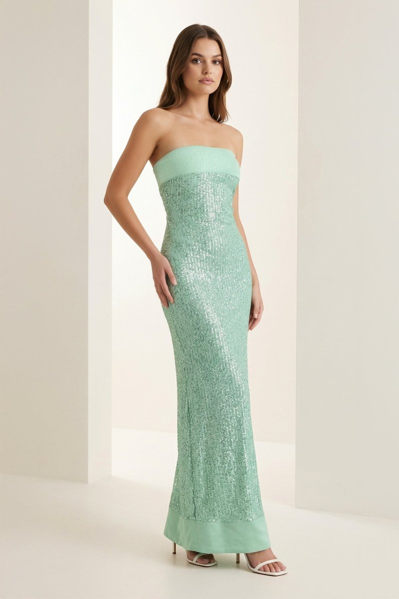 Sage Sheath Strapless Sequined Long Prom Dresses