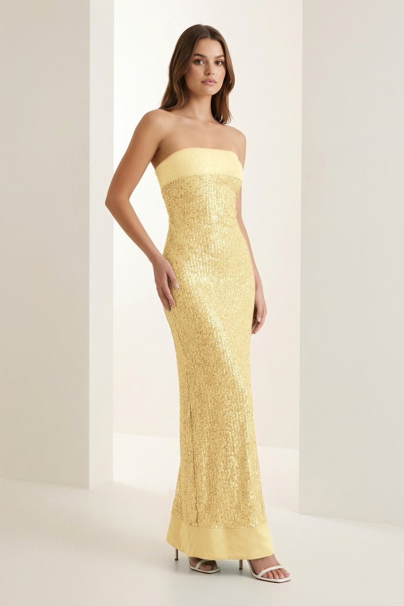 Sage Sheath Strapless Sequined Long Prom Dresses