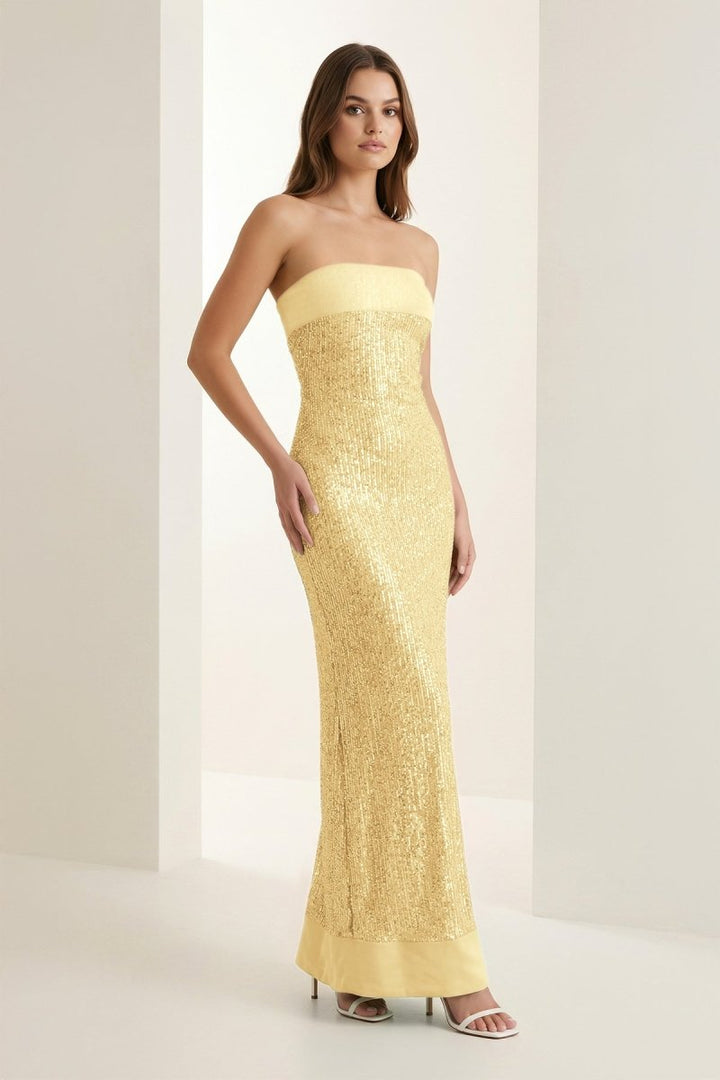 Sage Sheath Strapless Sequined Long Prom Dresses