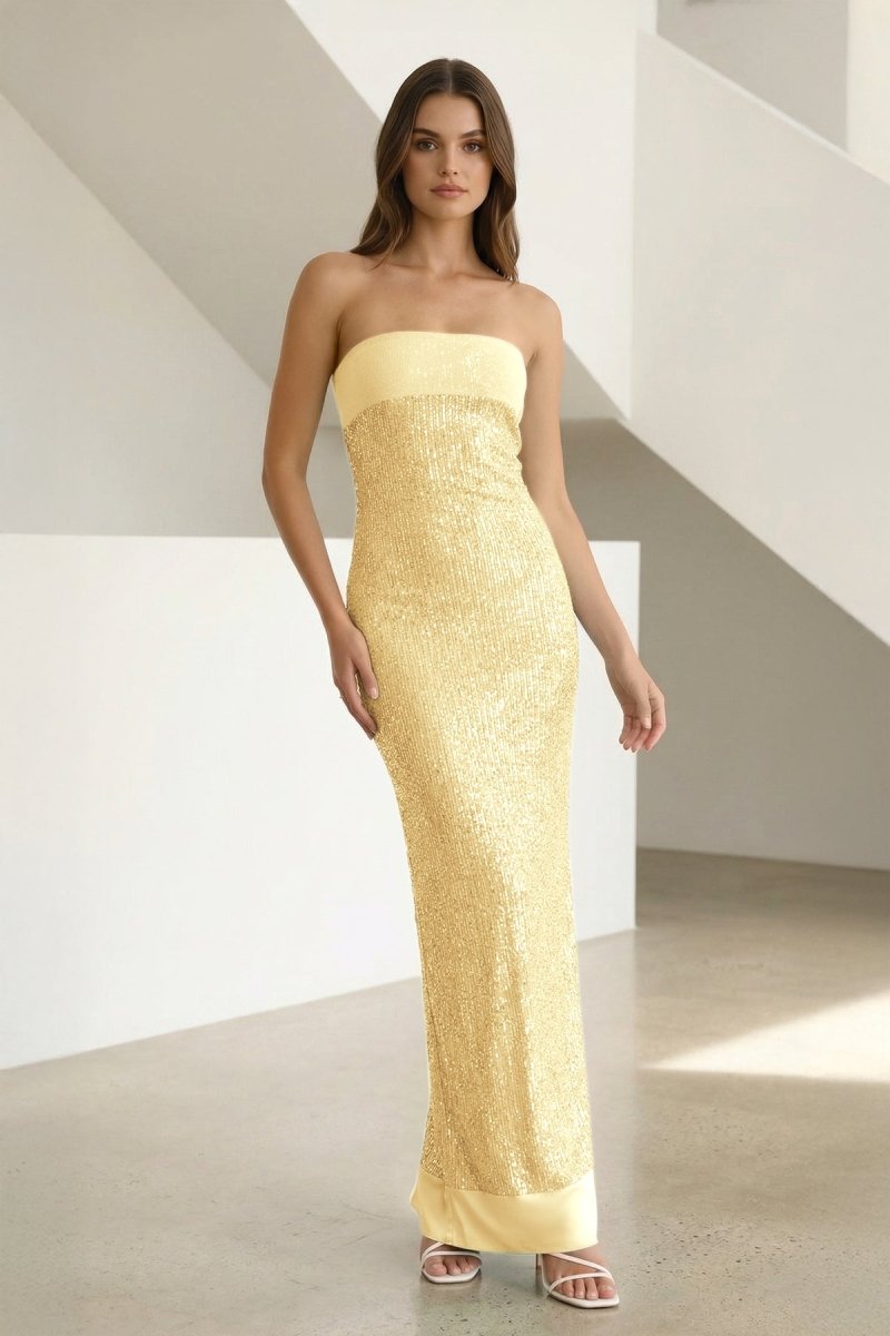 Sage Sheath Strapless Sequined Long Prom Dresses