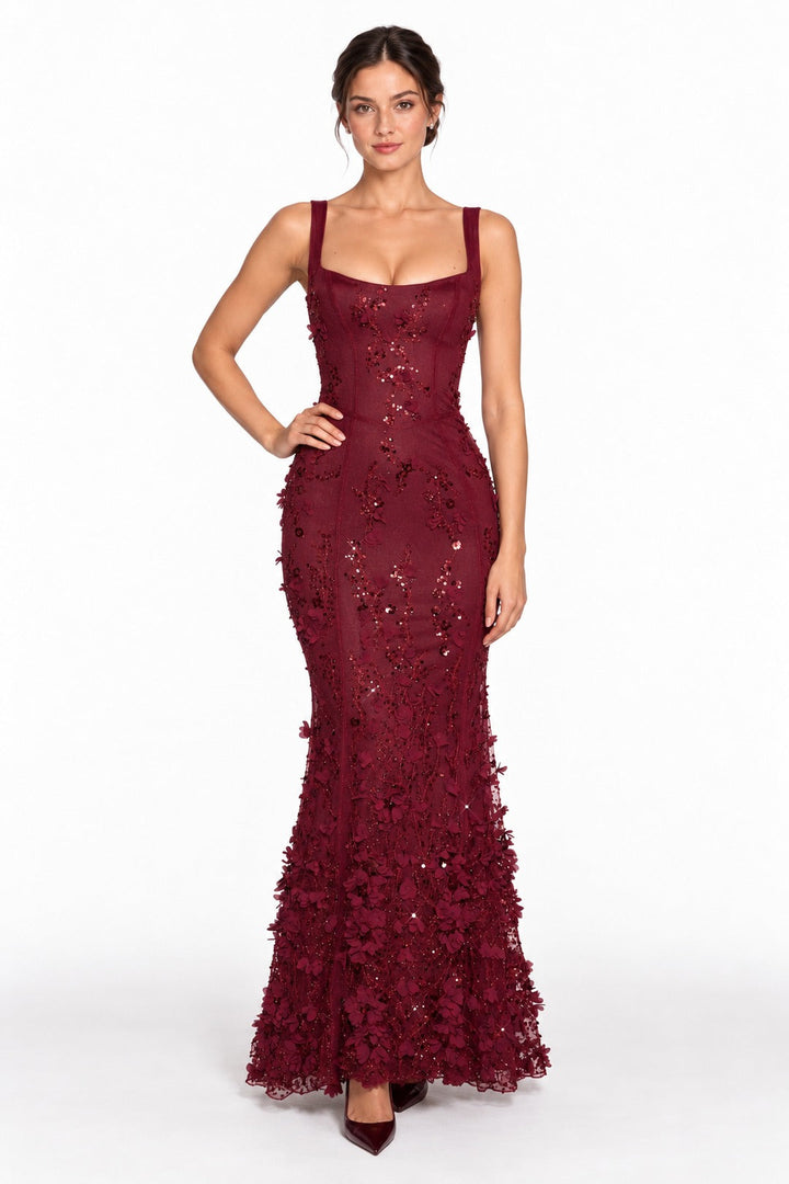 Valentine · The Wine Red Floral Corset Mermaid Gown