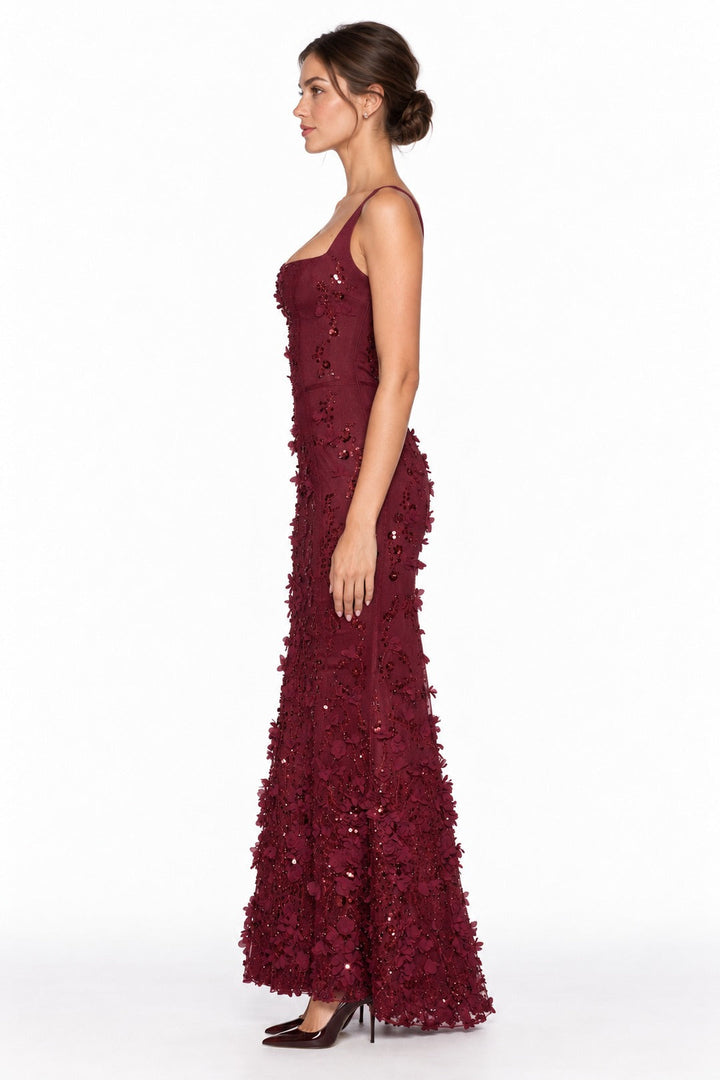 Valentine · The Wine Red Floral Corset Mermaid Gown