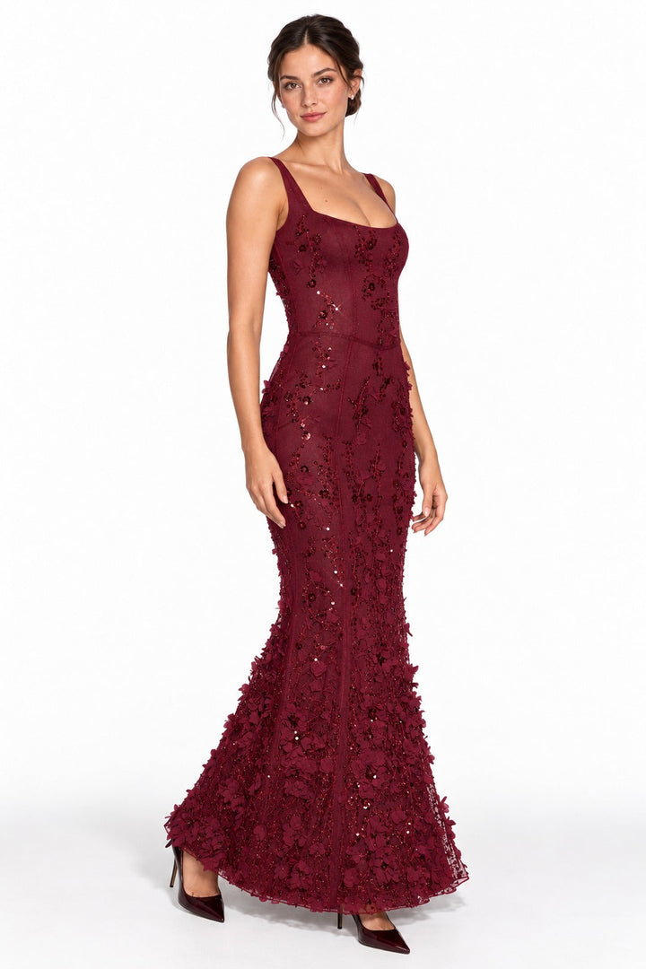 Valentine · The Wine Red Floral Corset Mermaid Gown