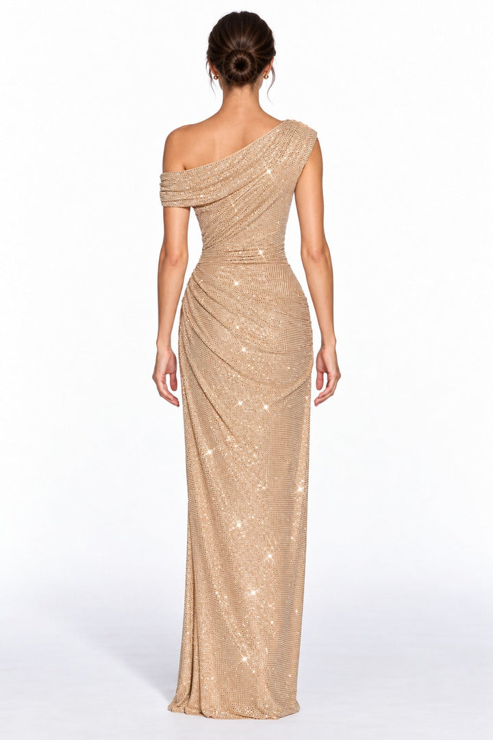 Oriane · The Gold Embellished Asymmetric Maxi Gown