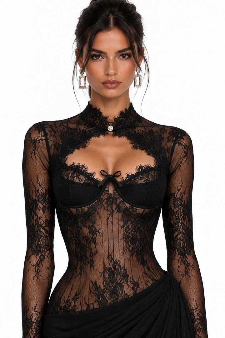 Mélisande · The Black High-Neck Ruched Maxi Dress