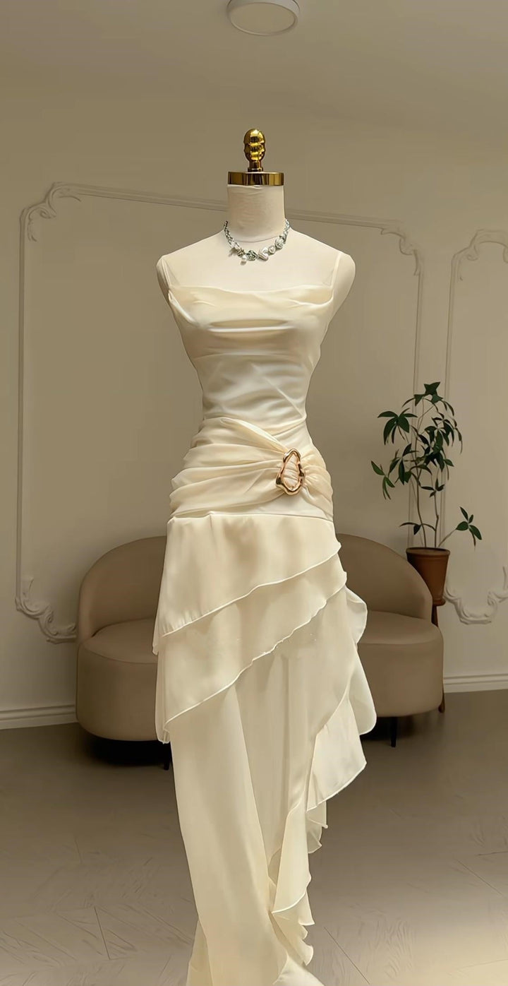 Ivory White Vintage Spaghetti Strap Long Chiffon Prom Dress Evening Dress Party Dress