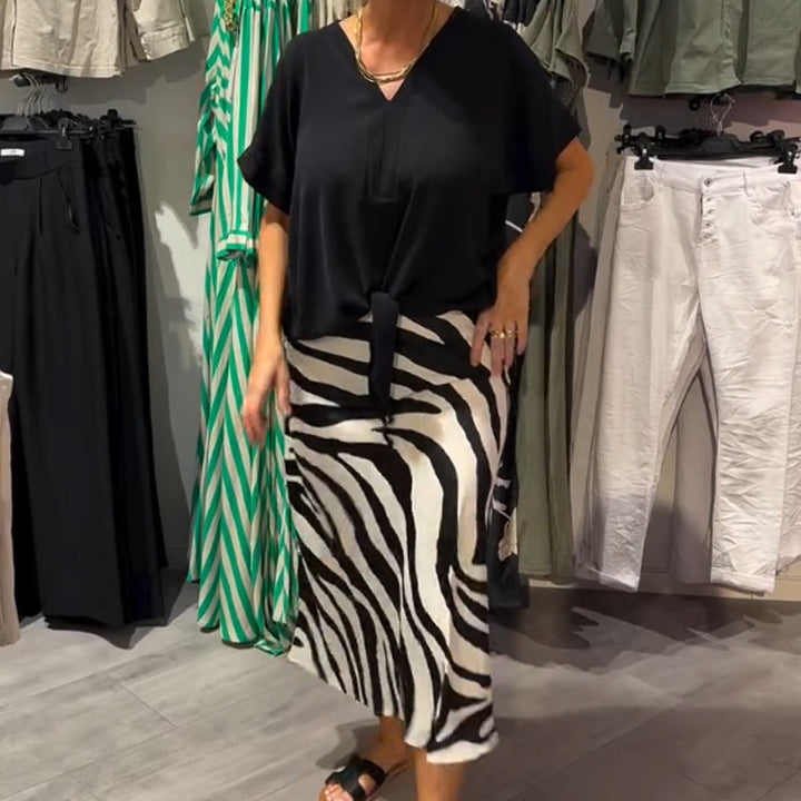 Rhea™ – Knot-Front Blouse & Midi Skirt Casual Set